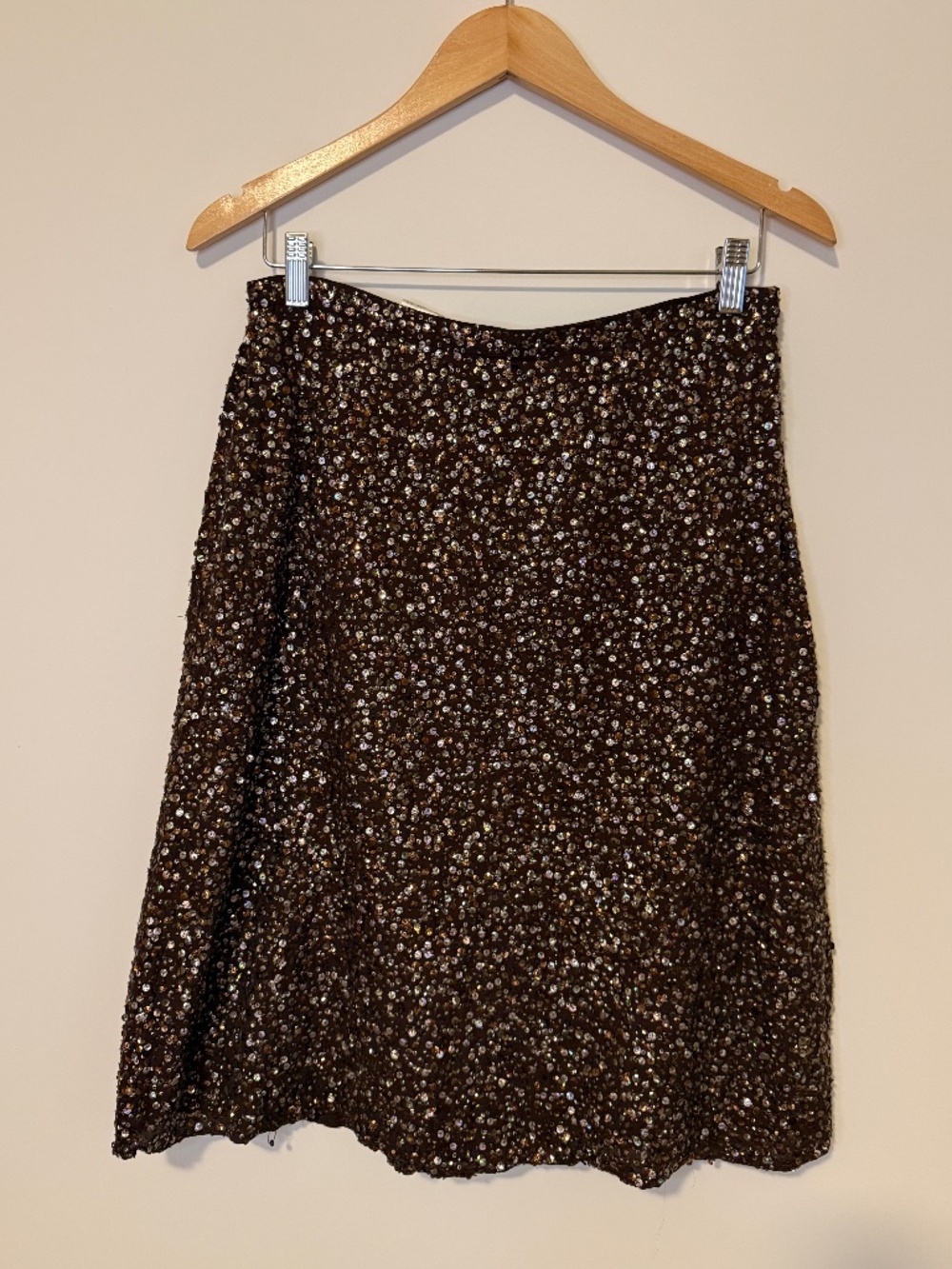 René Lezard 100% Silk Brown Gold Sequin Midi A-Line Skirt Size 38